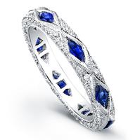 18K GOLD SAPPHIRE MARQUISE AND DIAMOND VINTAGE STYLE WEDDING RING