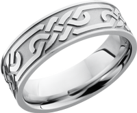 Cobalt chrome 7mm flat band with a reverse laser-carved Celtic loop pattern around the band