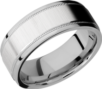 Cobalt chrome 8mm flat band with grooved edges and reverse milgrain detail