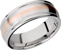 Cobalt chrome 8mm domed band with rounded edges and 14K rose gold inlays in reverse milgrain