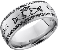 Cobalt chrome 9mm domed band with a laser-carved Claddagh pattern