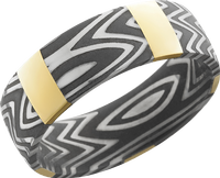 Handmade 7mm zebra Damascus steel band with 5 vertical inlays of 14K yellow gold