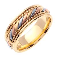 14KT WEDDING RING YELLOW GOLD WITH TRI COLOR GOLD CENTER TWIST 7MM