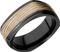 Zirconium 8.5mm flat square band with an inlay of Mokume Gane and grooved edges