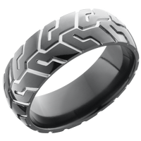 Zirconium 8mm domed band with a laser-carved cycle pattern