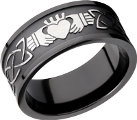 Zirconium 9mm flat band with a laser-carved claddagh celtic pattern