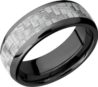 Zirconium 8mm domed band with a 5mm inlay of  Carbon Fiber in a silvetone color.