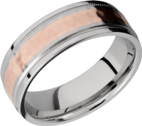Cobalt chrome 75mm flat band with grooved edges and reverse milgrain detail and inlay of 14K rose gold