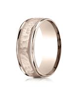 14k Rose Gold 8mm Comfort-Fit Hammered Center High Polish Round Edge And Millgrain Band