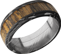 Damascus steel 8mm domed band with grooved edges and an inlay of Bocote hardwood