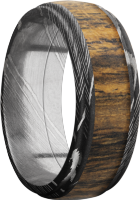 Damascus steel 8mm domed band with grooved edges and an inlay of Bocote hardwood