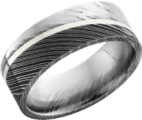 Handmade 8mm Damascus steel band with an angled inlay of sterling silver