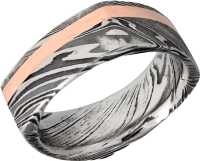 Handmade 8mm woodgrain Damascus steel square band with an inlay of 14K rose gold