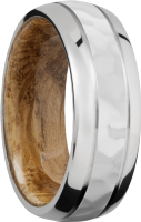 Cobalt chrome 8mm domed band with 2, 5mm grooves and a sleeve of Whiskey Barrel hardwood