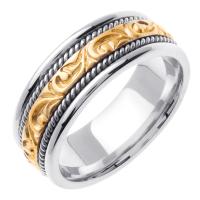 14KT WEDDING RING WITH YELLOW SCROLL DESIGN 7MM