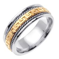 14KT WHITE AND YELLOW GOLD WEDDING RING GREEK KEY DESIGN 8MM