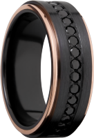 Zirconium 8mm flat band with 14K rose gold grooved edges and 16, 04ct bead-set eternity black diamonds