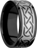 Zirconium 9mm flat band with a laser-carved celtic pattern