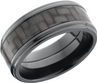 Zirconium 9mm flat band with grooved edge and a 5mm inlay of black Carbon Fiber